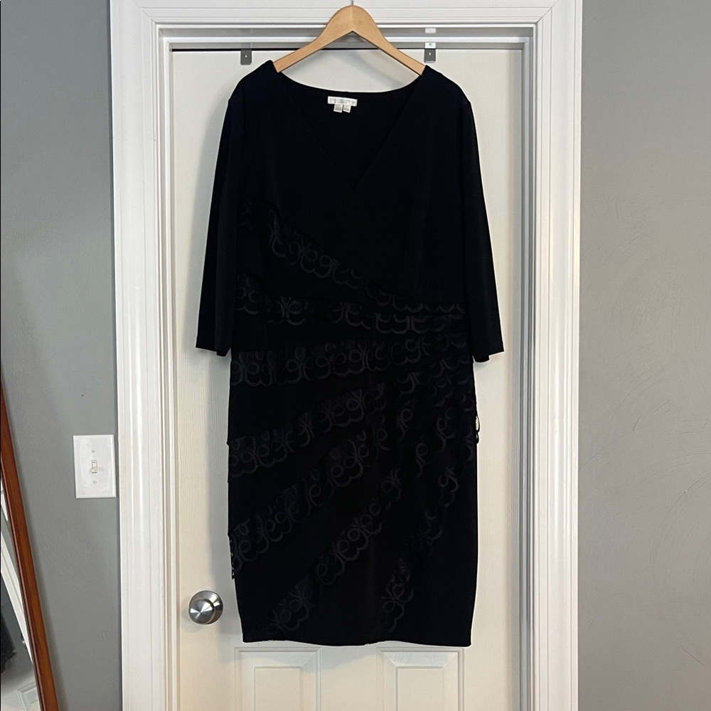 London Times Black V-Neck Midi Dress with Textured Swirl Panels